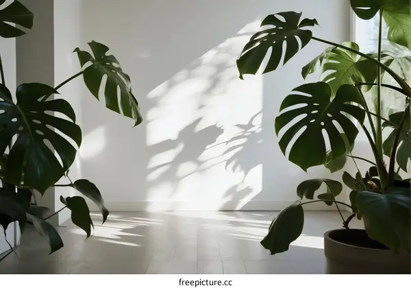 Indoor Monstera Plants with Sunlight Casting Shadows on White Wall