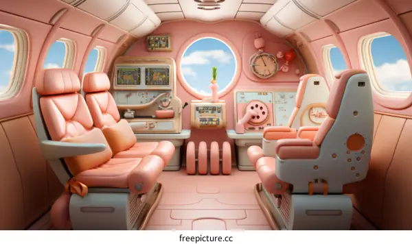 A pink and blue airplane interior with a cartoonish and retro style