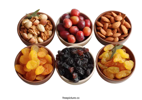 [Transparent Background PNG]Assortment of Dried Fruits and Nuts in Bowls