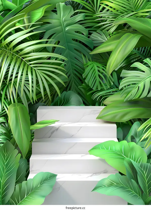 White Marble Steps Surrounded by Lush Green Tropical Leaves