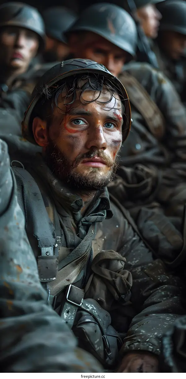 A soldier looks out from the trenches during World War I.