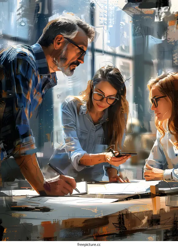 Three people in a meeting discussing plans
