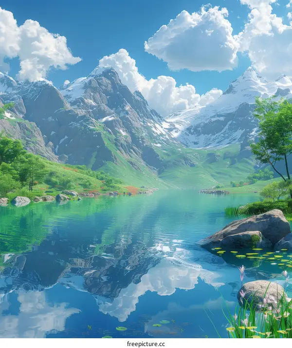 Majestic Mountain Lake Scenery Illustration