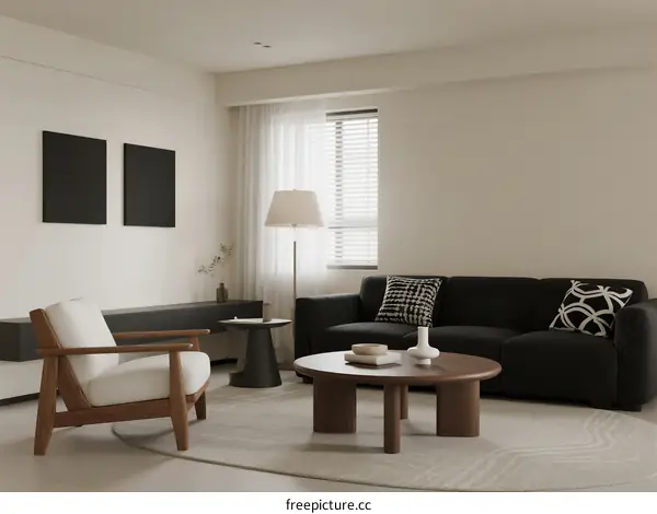 Minimalist Living Room with Black Sofa and Wooden Furniture