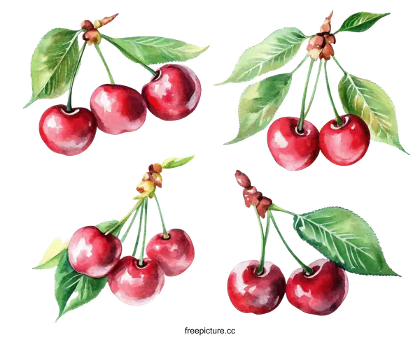 [Transparent Background PNG]Watercolor Illustration of Cherries and Leaves