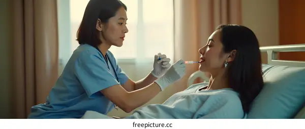 Asian Nurse Taking Care of Patient in Hospital Bed