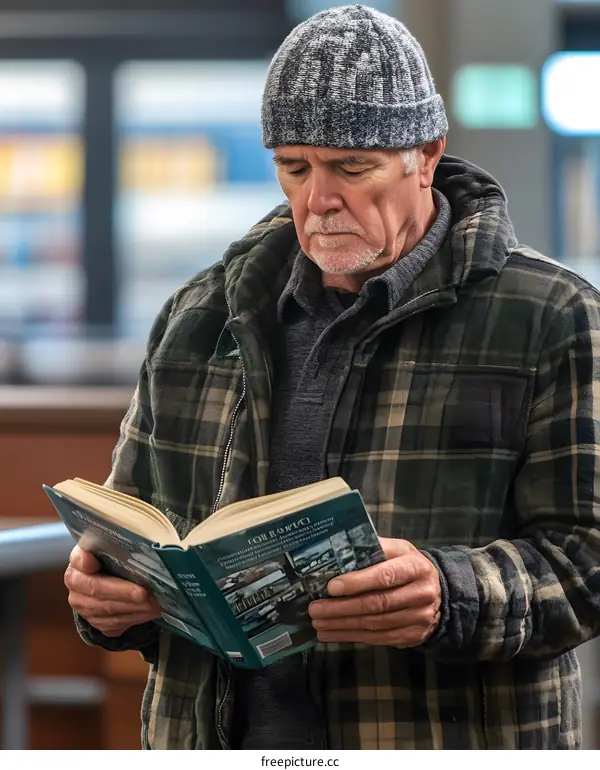 Senior Man Reading a Book in a Library