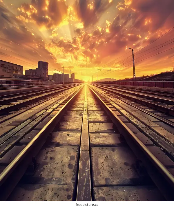 Railway Tracks Leading To Sunset