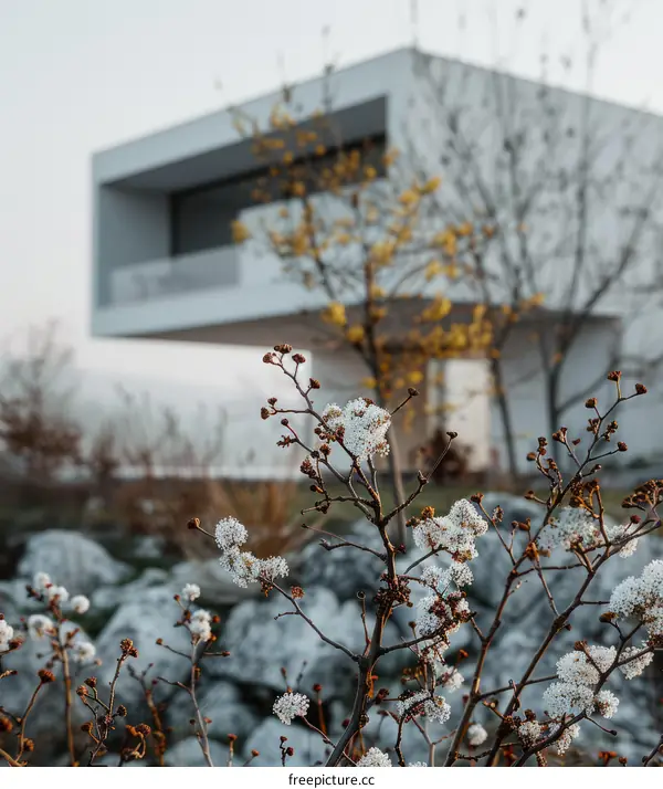 Small white flowers in front of a modern house with large windows