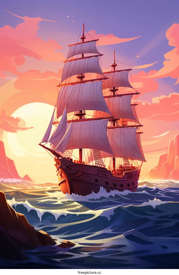 A Pirate Ship Sails on the Ocean at Sunset