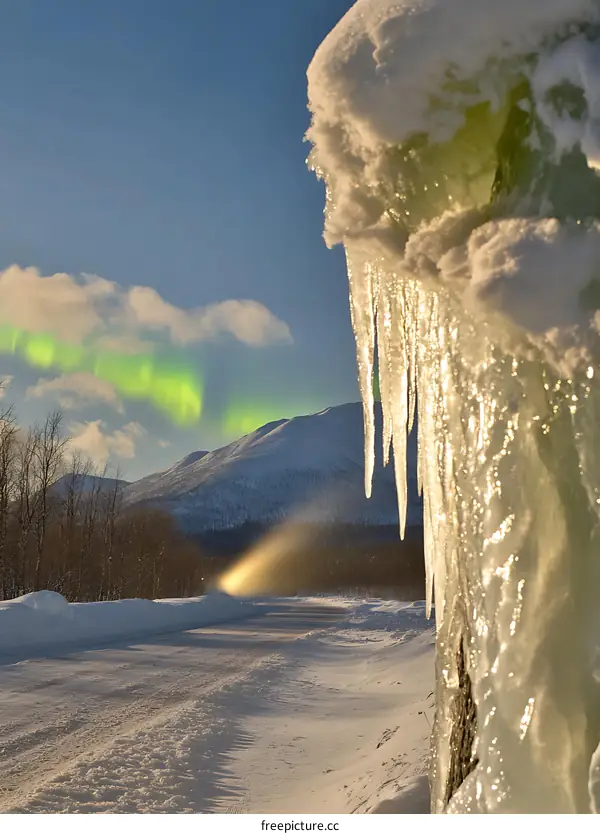 Winter Wonderland with Icicles and Northern Lights