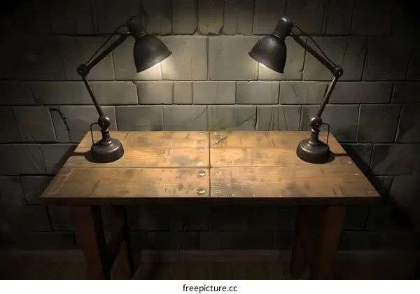 Rustic Wooden Table with Two Vintage Lamps