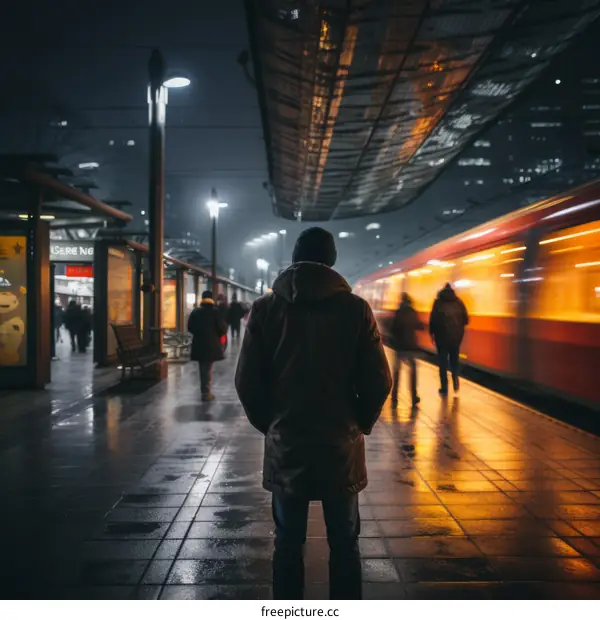 Man standing alone on a rainy train station platform at night