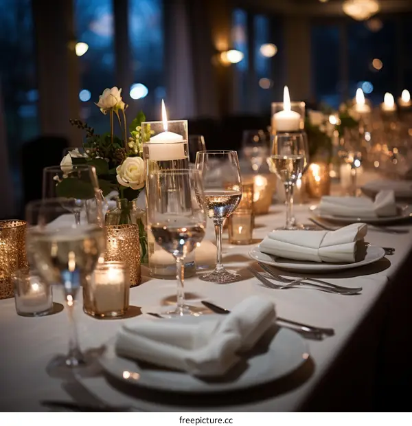 Elegant wedding table setting with candles and flowers