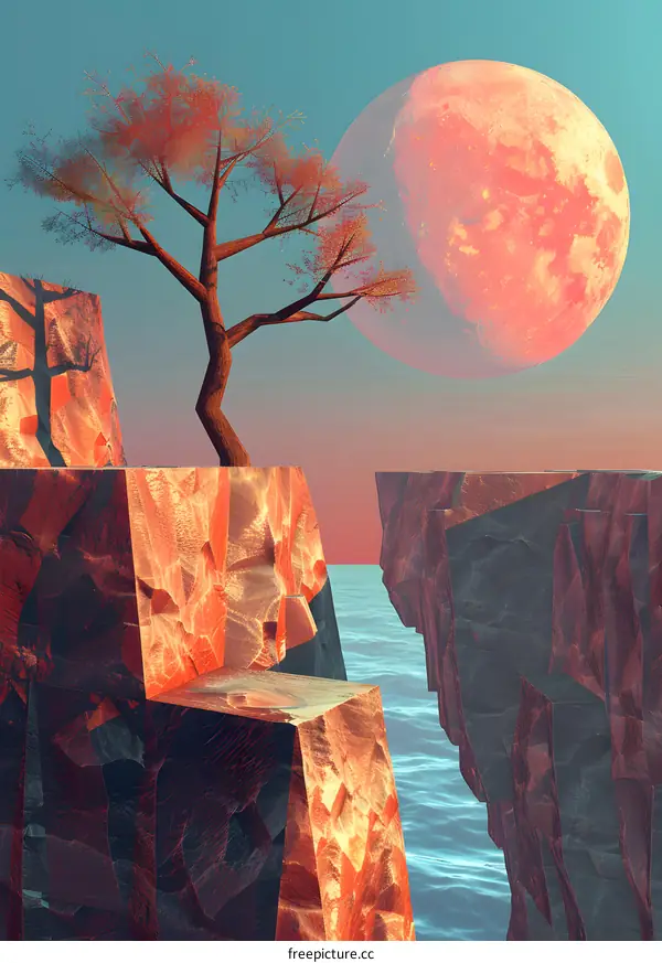 Digital Art with Tree, Red Moon, and Cliffs
