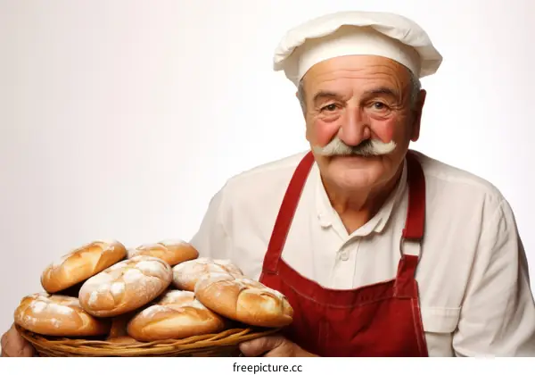 Senior baker with a basket full of bread