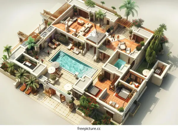 Aerial View of a Luxurious Villa with a Swimming Pool and Multiple Balconies