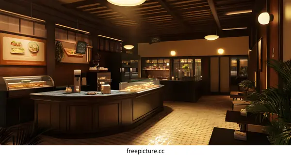 Modern Retro Cafe Interior Design With Wooden Countertop And Display Case
