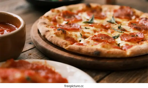 Delicious pepperoni pizza with fresh basil on wooden board