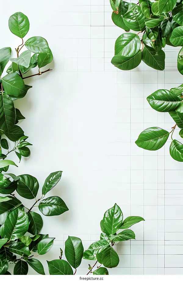 Green Leaves on White Grid Background