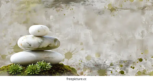 Zen Stones Background, Abstract Green and White Zen Stones on a Light Brown Background