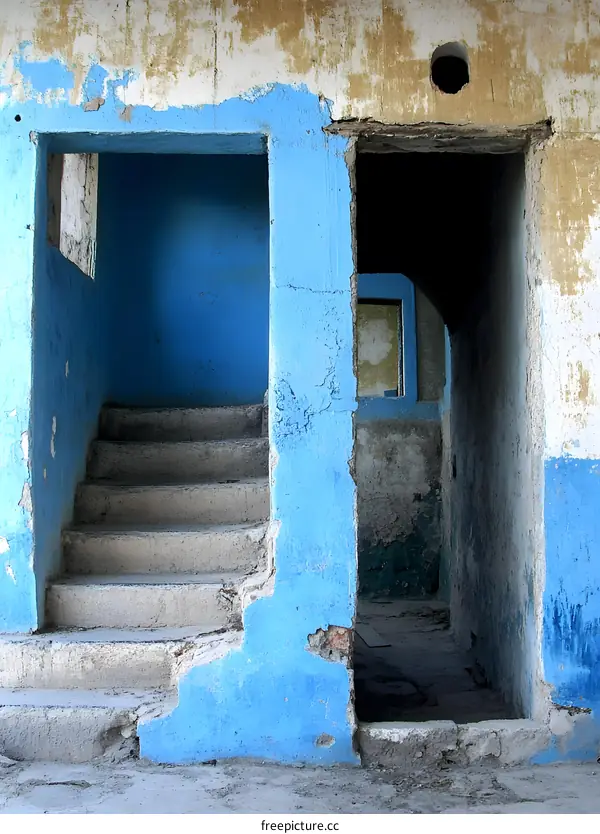 Blue Painted Concrete Stairwell in Abandoned Building