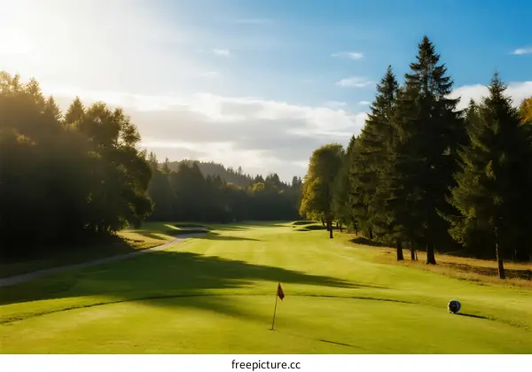 A beautiful golf course surrounded by lush green trees and clear sky