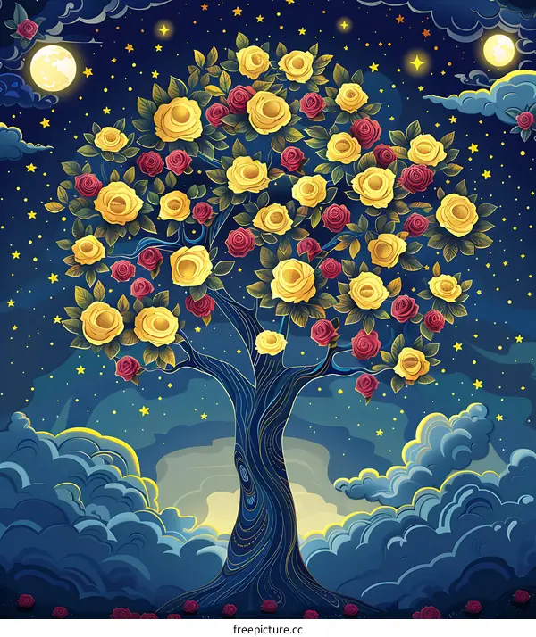 Night Sky with Rose Tree and Moon