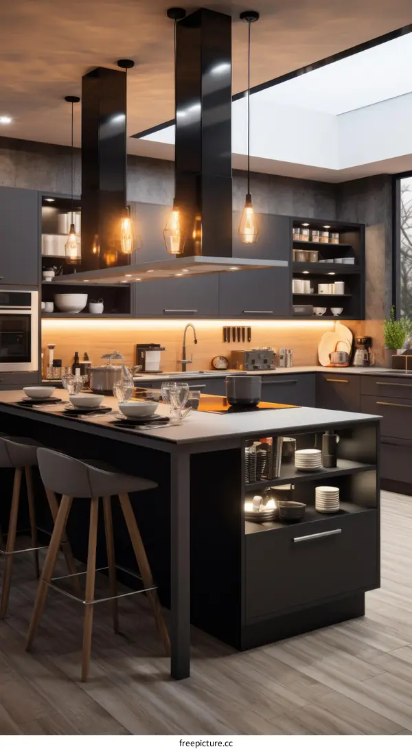 Modern Kitchen Interior with Black Cabinets and Wood Accents