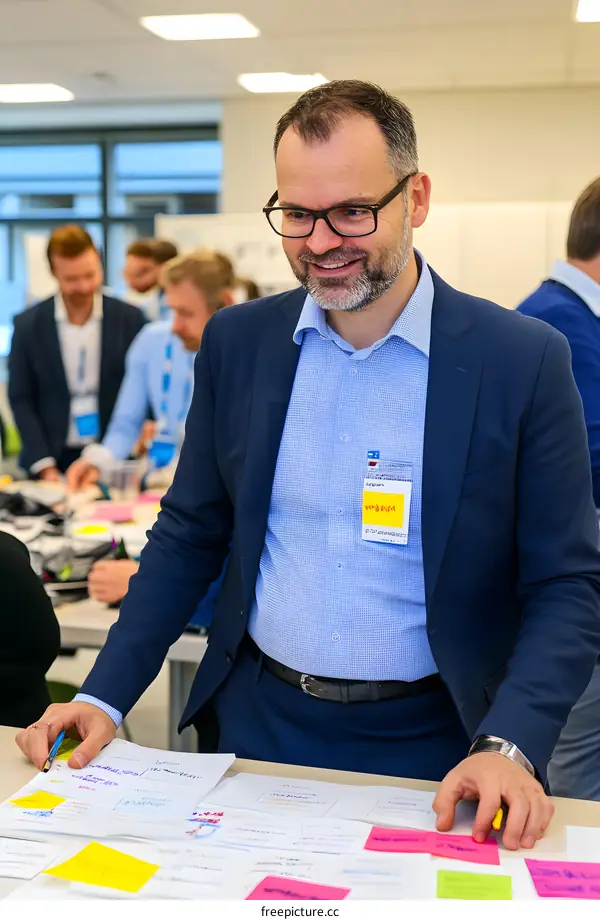 Smiling Man in Blue Suit at Business Meeting