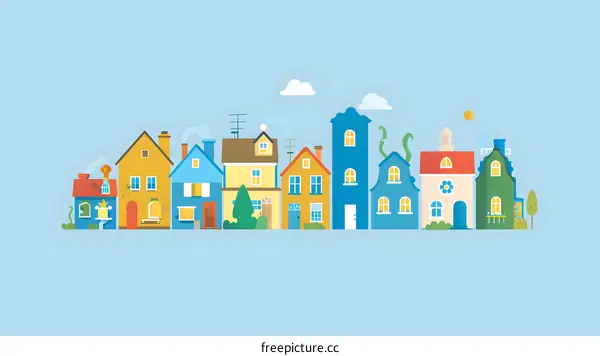 Colorful Houses Illustration With Blue Sky Background