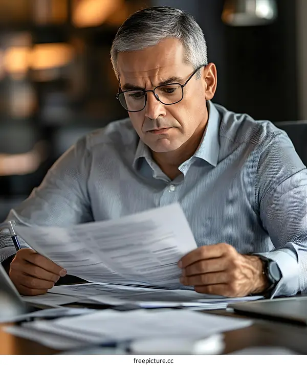 Serious Businessman Reading Documents at Desk in Office