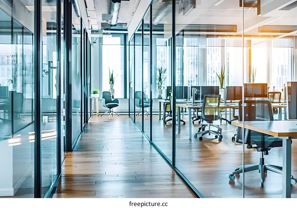 Modern Office Interior Design with Glass Walls and Wooden Floor
