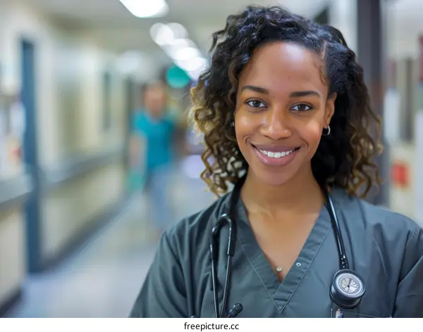 Portrait of a young African-American female doctor smiling in a hospital hallway
