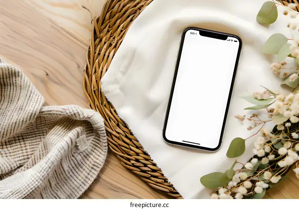 White Mockup Smartphone on Wooden Table with Flowers