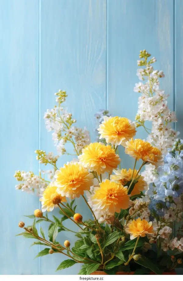 Beautiful Arrangement of Yellow and White Flowers Against a Light Blue Background