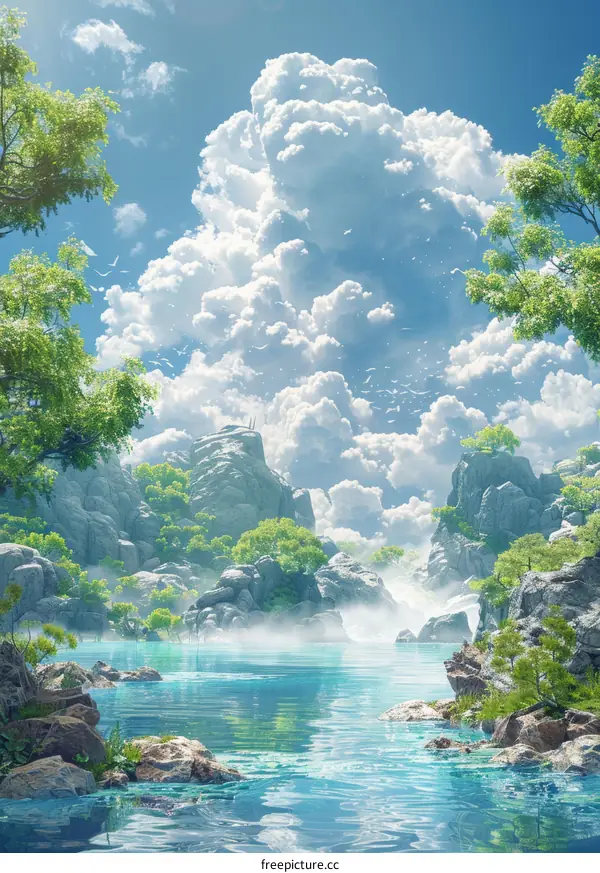 Enchanted Floating Rock Landscape with Waterfalls