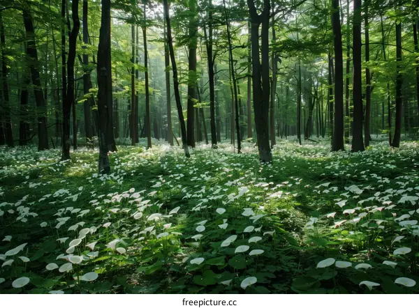 Sunlight Through Forest Canopy Illuminating White Calla Lilies