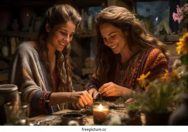 Two smiling women making crafts in a rustic setting