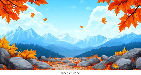 Autumn Landscape with Mountains and Falling Leaves