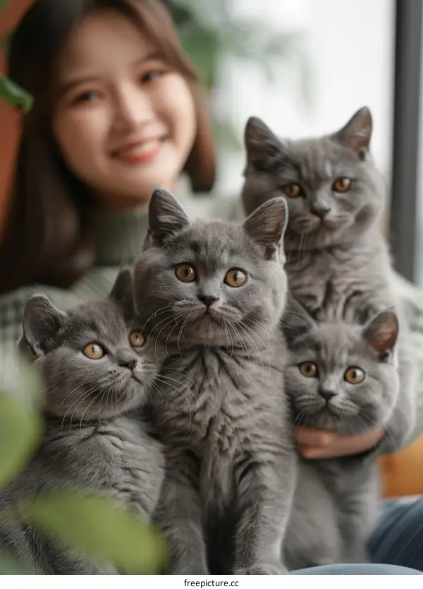 A woman is holding three British Shorthair cats in her arms and smiling at the camera