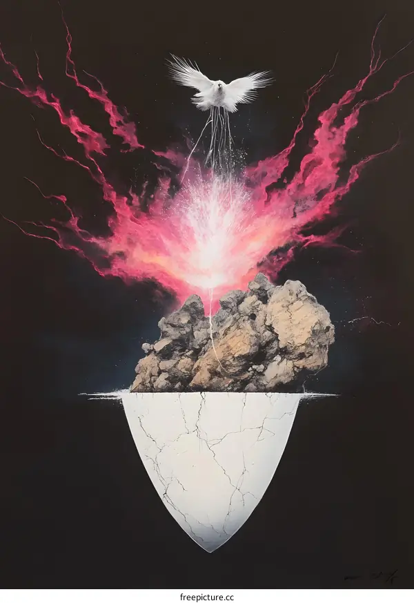 Abstract Painting of a Dove Rising from a Rock Formation