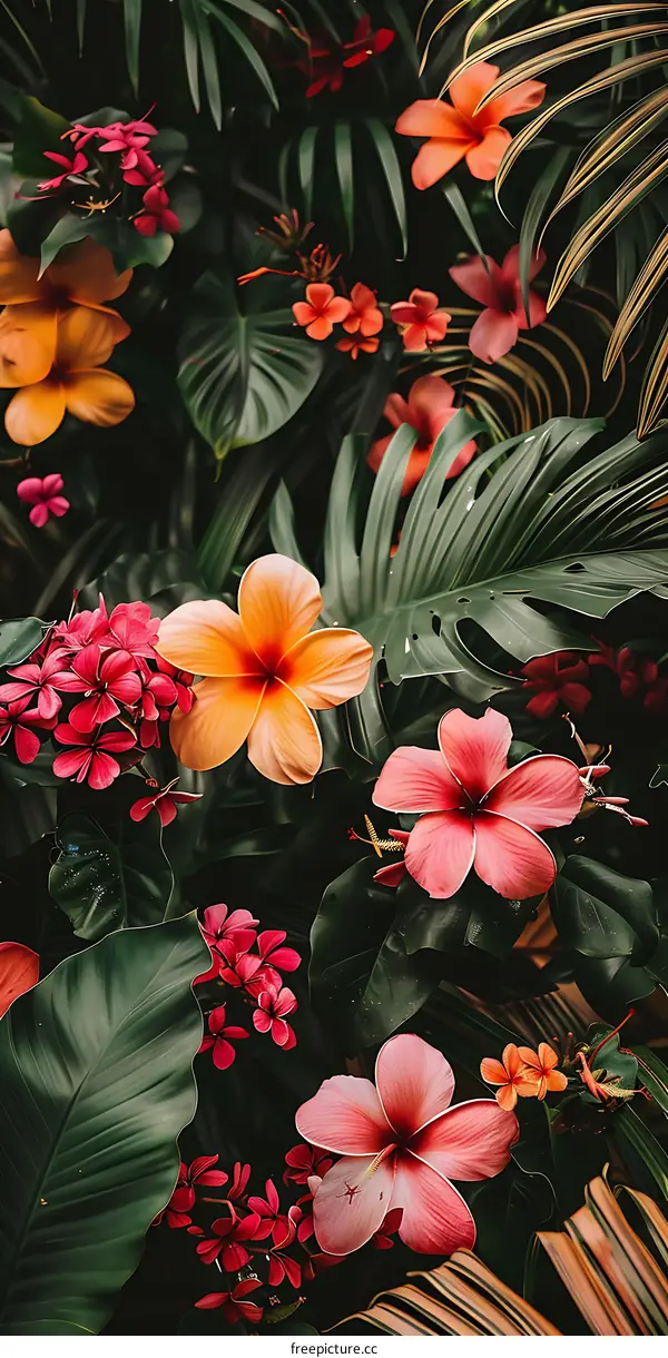Tropical Flowers and Leaves in a Lush Setting