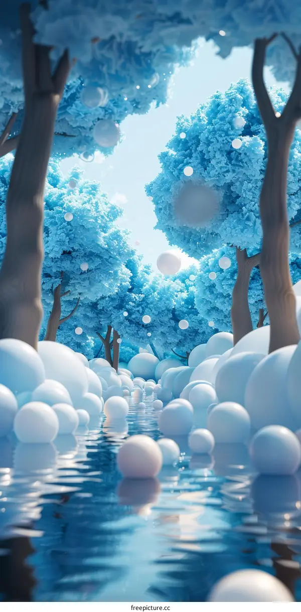 Blue forest with a river and white balls