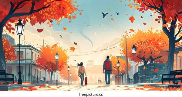 A couple walking down a tree-lined street in the fall