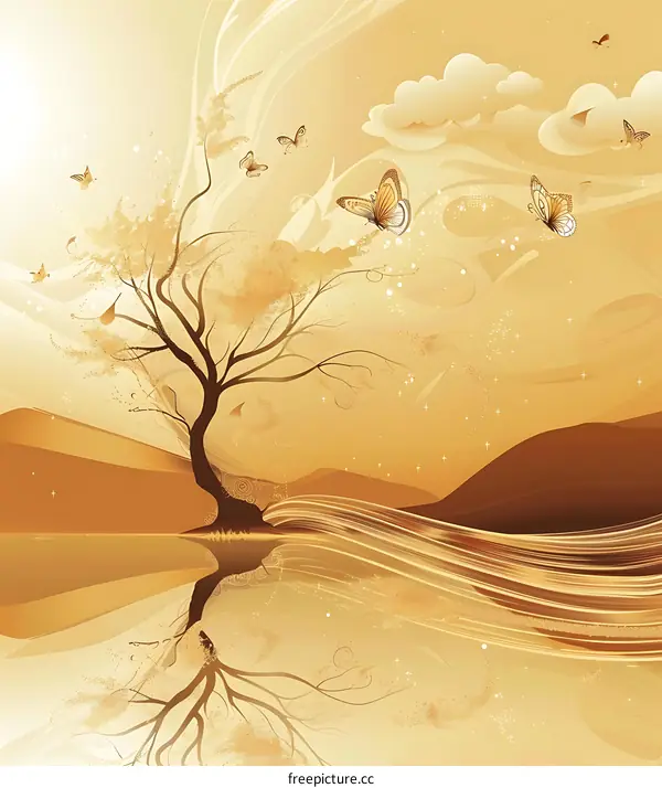 Golden Sky with Tree Reflection and Butterflies