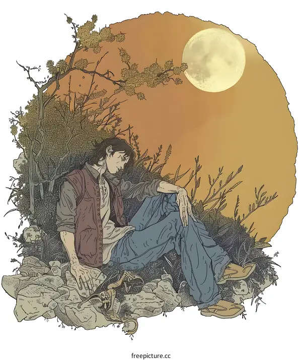 Man Sitting Under a Full Moon in the Woods