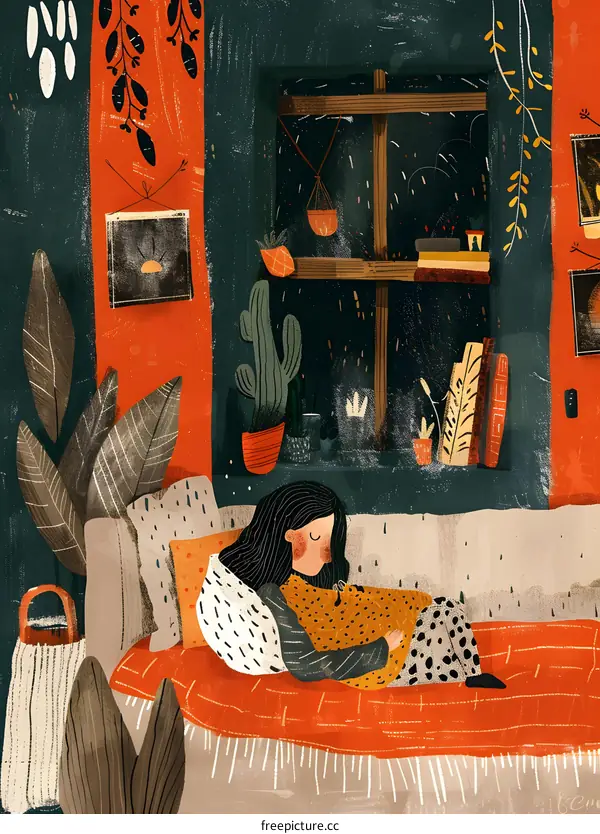Cozy Home Illustration of a Woman Resting on a Couch