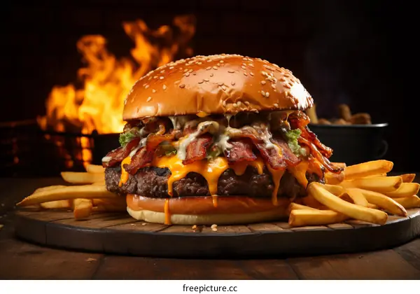 A delicious cheeseburger with bacon and fries