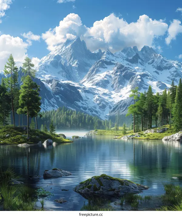 Serene Mountain Lake with Pine Forest and Snow-Capped Peaks